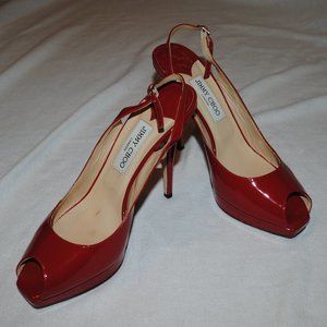 SZ 9.5 RED PATEN LEATHER, JIMMY CHOO 5IN HEELS